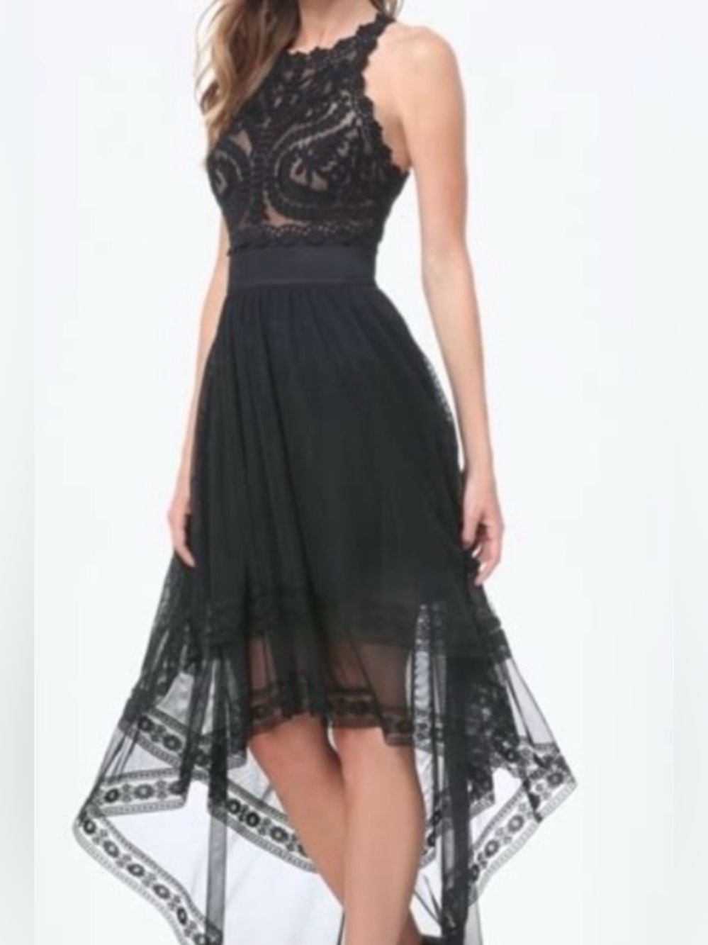 Bebe Crystal Bloom Black Hi High-Low Embroidered Tulle Lace Cocktail Dress
